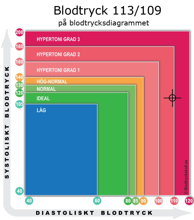 Blodtryck 113 över 109 på blodtrycksdiagram
